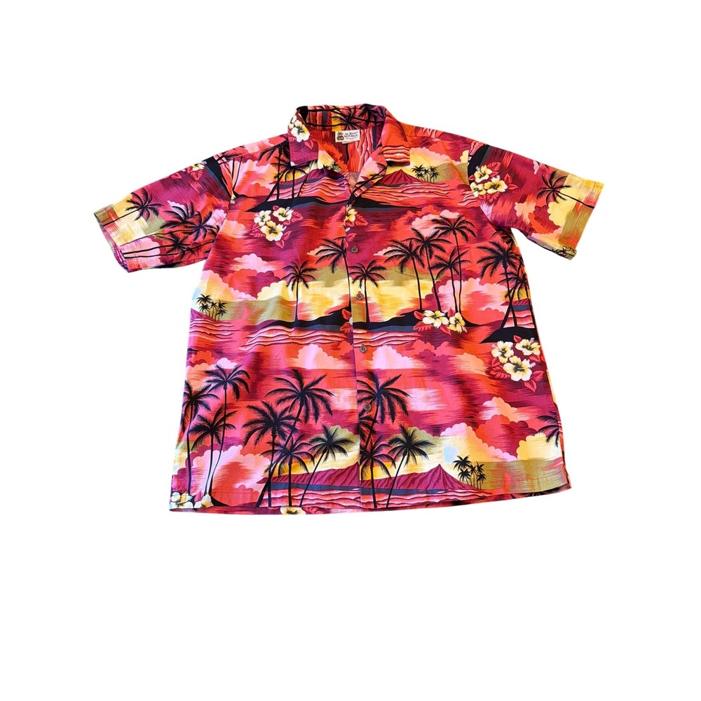 Aloha Republic Hawaiian Shirt Size L Palm Trees Tropical Button Up Made in USA